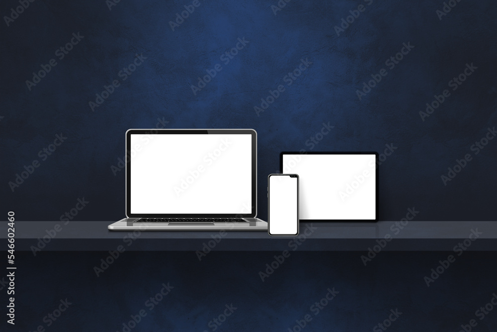 Laptop, mobile phone and digital tablet pc on black wall shelf. Horizontal background Laptop, mobile phone and digital tablet pc on black wall shelf. Horizontal background