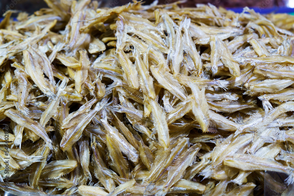 Close-up of dried anchovies. Seafood in the market.