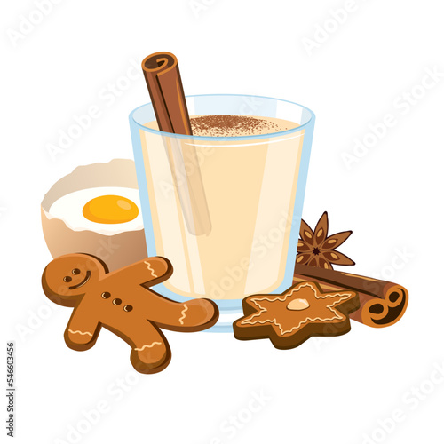 Eggnog drink and christmas gingerbread icon vector. Glass of eggnog with cinnamon drawing. Eggnog and christmas decorations still life icon vector isolated on a white background