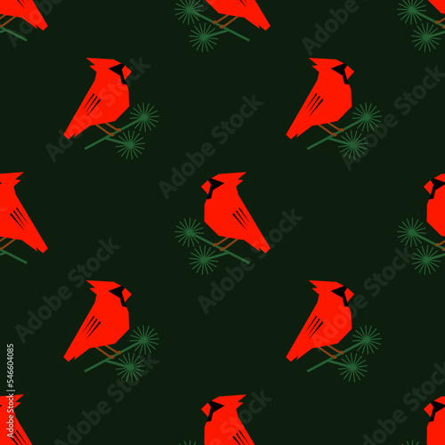 christmas pattern with red cardinals. seamless pattern with red birds on a dark green background. winter birds of america. vector ornament