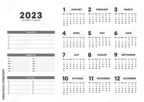 2023年の12ヶ月･1年分のカレンダーと年間計画･月間計画･TODOリストのプランナーセット - 月曜始まり･A版比率
