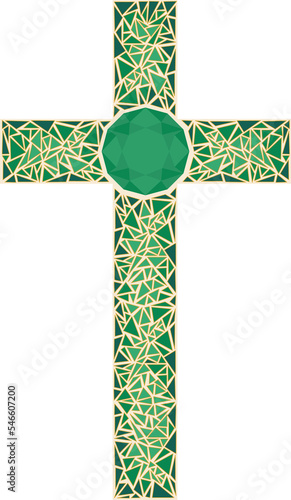 Mosaic stained glass cross. Jewelry golden cross with emerald.