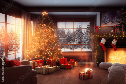 Wohnzimmer im Winter mit Kamin, Christbaum, Geschenken und Dekoration an Weihnachten, Fensterblick zur verschneiten Landschaft, Illustration photo