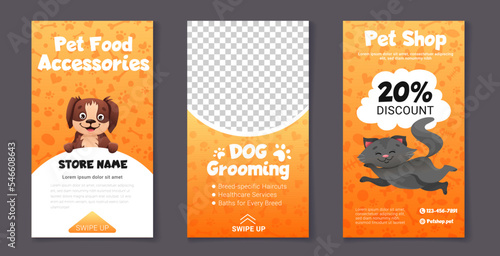Colorful Pet shop banners for social media posts with cute cat. Dog grooming template. Vector cartoon illustration for your design