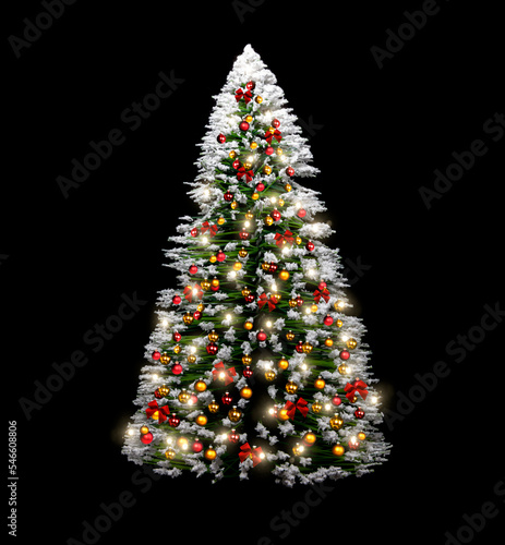 Weihnachtsbaum mit Roten Kugeln isoliert vor dunklem Hintergrund