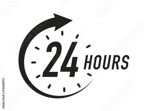 24 hours timer vector symbol black color style isolated on white background. Clock, stopwatch, cooking time label. 10 eps