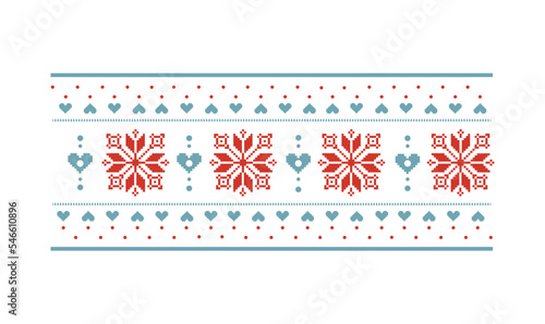 Winter stitch, knitting seamless pattern. Snowflakes, christmas tree, snowflakes, hearts, decorative elements in red and blue.