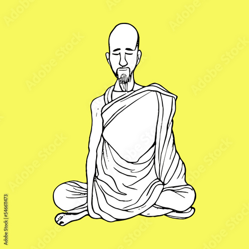 Buddhist monk meditating. Meditation and zen in buddhism. Man in spiritual practice. Asian Tibetan faith. Abstract lineart vector illustration isolated