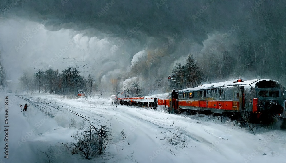 Old railway in winter storm in the forest design illustration