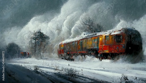 Old broken railway in winter storm in the forest design illustration