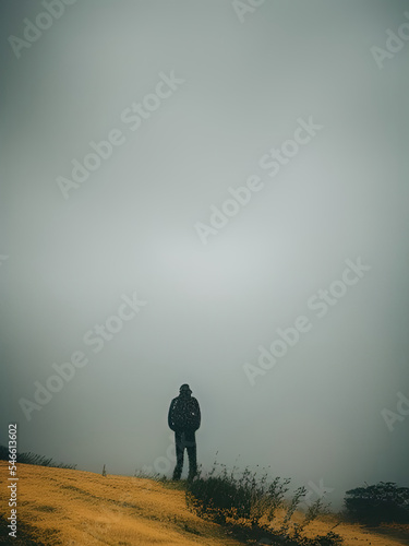 person walking in the fog