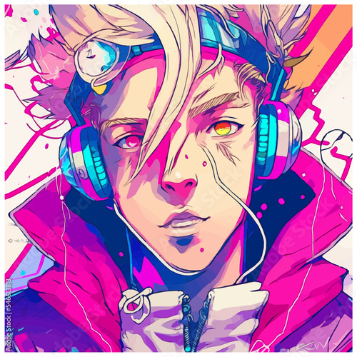 Neon Graffiti Anime Boy with Blond Hair, Pink Jacket, and Headphones. [Vector Illustration, Digital Art, Sci-Fi Fantasy Horror Background, Graphic Novel, Postcard, T-Shirt, or Product Image]