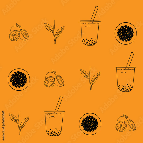orange bubble tea print background with line art design for drink or beverage advertising template