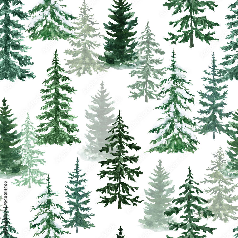 Watercolor woodland print. Seamless pattern with rustic forest pine trees on white background.