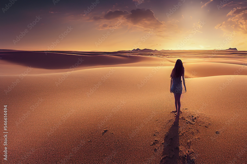 one full body woman  with fighting long hair from back at desert with layers of sand dunes Desert at sunset     generative ai   