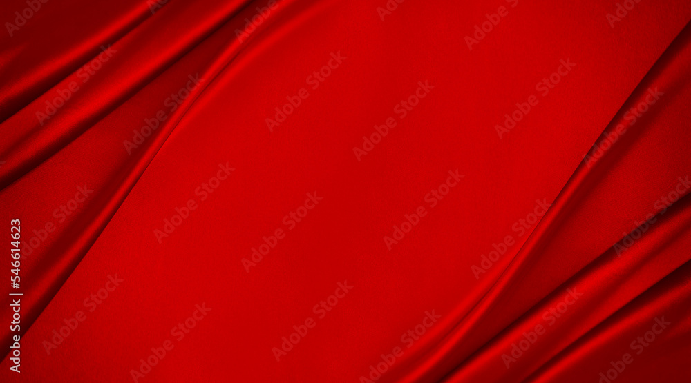 Red silk satin. Soft folds. Fabric. Bright luxury background. Space, design. Wavy lines. Banner. Flat lay, top view table. Template. Beautiful. Elegant. Christmas, New Year, Valentine, Mother's Day.
