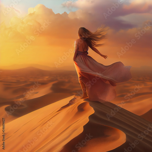 Majestic view of a woman with flowing hair standing amidst Sahara Desert sand dunes, her elegant gown echoing the golden hues of a captivating sunset, evoking serenity and wonder. 