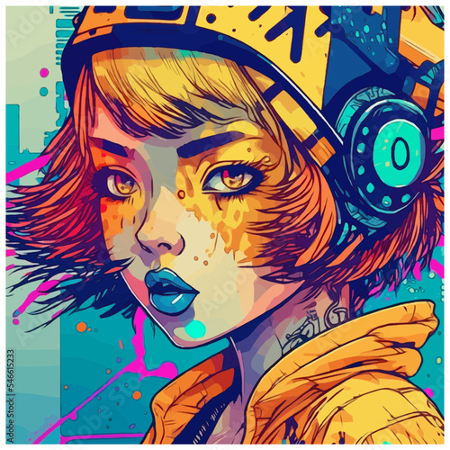Neon Anime Girl with Headphones and Blue Lipstick. Vector Art. [Digital Art, Sci-Fi Fantasy Horror Background, Game, Graphic Novel, Graphic Tee, or Postcard Illustration]