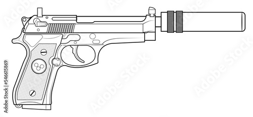 Vector illustration of the Beretta M92 automatic pistol with silencer on a white background. Right side.