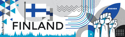 Finland national day banner with Finnish flag colors theme background and geometric abstract retro modern blue white design. Raised fists of European supporters. Triangles Vector Illustration.