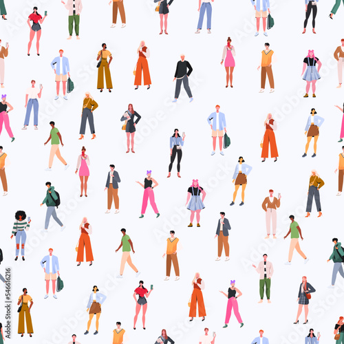  Crowd seamless pattern. Crowd of young  men and women in trendy hipster clothes. Diverse group of stylish people standing together. Vector illustration. 