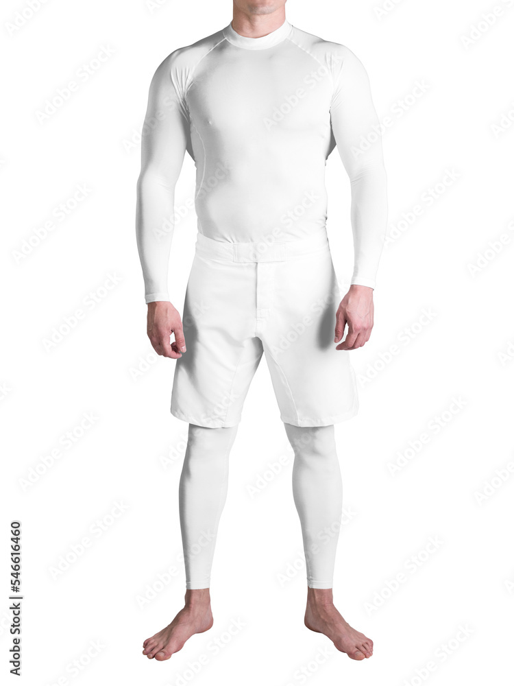 Man in white sports rashguard and shorts. Sport apparel mock-up. Png. Man in white sports rashguard and shorts. Sport apparel mock-up. Png.