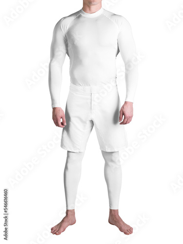 Man in white sports rashguard and shorts. Sport apparel mock-up. Png. © kanashkin