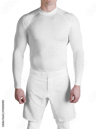 Male legs in white sports longsleeve and shorts. Mock-up. Png.