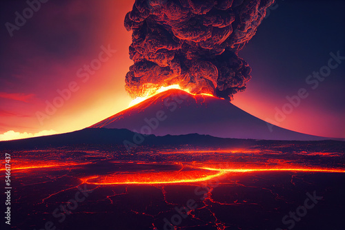 Fototapeta Volcanic eruption at night, ash clouds and bright lava stream