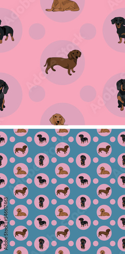 Seamless Doxie dog pattern, holiday texture. Square format. Pink, blue packaging, textile, fabric, decoration, wrapping paper.Trendy hand-drawn dogs wallpaper. Holiday background with circles.
