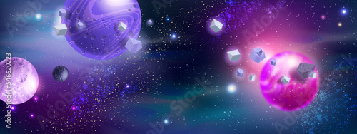 Space background, alien planets, stardust, vector galaxy universe cartoon game banner, cosmic rocks. Fantasy neon astronomy illustration, purple futuristic wallpaper, night sky. Space background