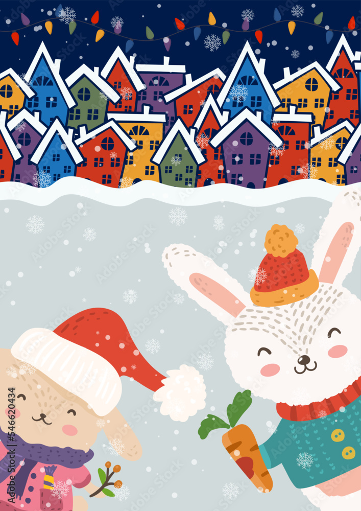 Cartoon illustration for holiday theme with two happy funny rabbits on winter background with trees and snow. Greeting card for Merry Christmas and Happy New Year. Vector illustration. Cartoon illustration for holiday theme with two happy funny rabbits on winter background with trees and snow. Greeting card for Merry Christmas and Happy New Year. Vector illustration.