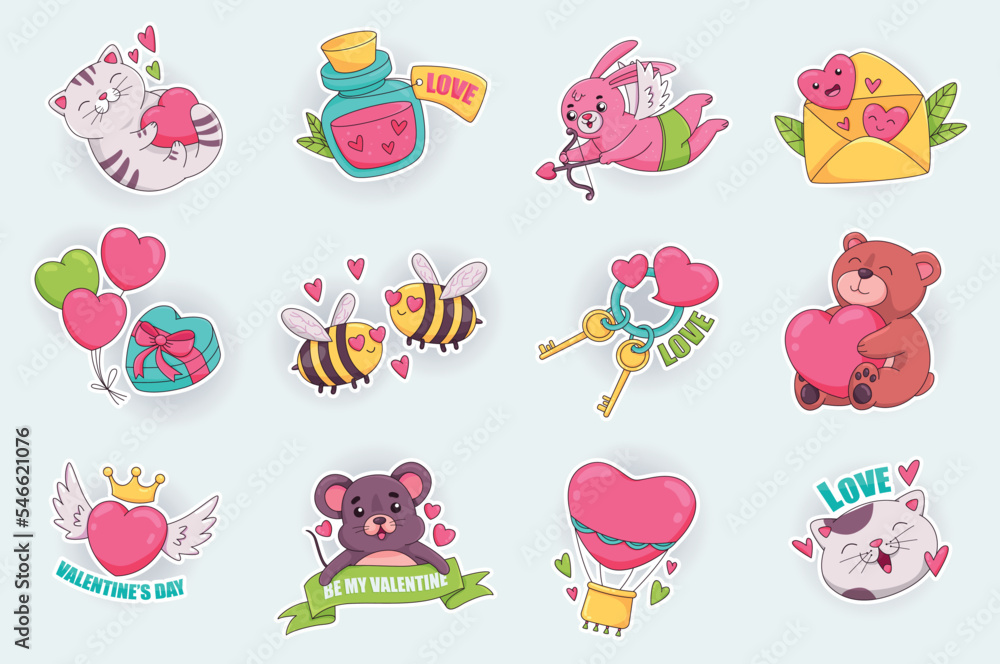 Valentine Day cute stickers set in flat cartoon design. Happy cat with heart, love potion, cupid bunny, loving bees, balloons with gift and other. Vector illustration for planner or organizer template