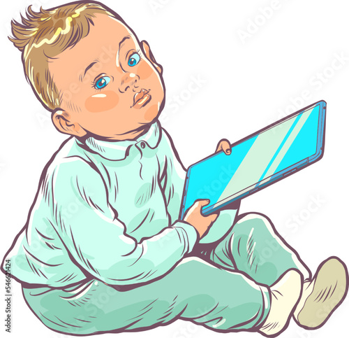 kid and electronic tablet, small child with gadget. Internet and new technologies. Applications for children