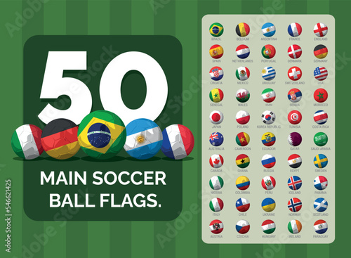 50 main Soccer Ball Flags. 
Flags of nations in the soccer world cup.