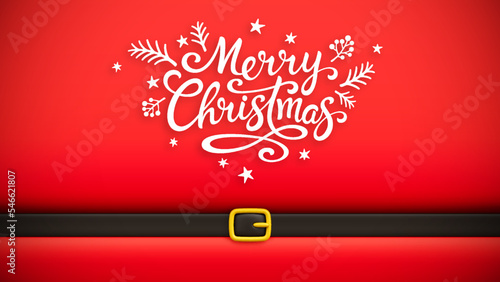 Red cartoon Santa Claus suit with belt and Merry Christmas white hand drawn lettering inscription. Merry Christmas and Happy New Year concept background for christmas greeting or invitation card