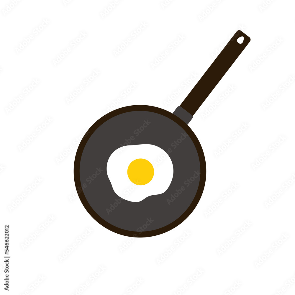Simple flat tasty morning breaksfast on a black pan, white background consist of one fried egg Simple flat tasty morning breaksfast on a black pan, white background consist of one fried egg