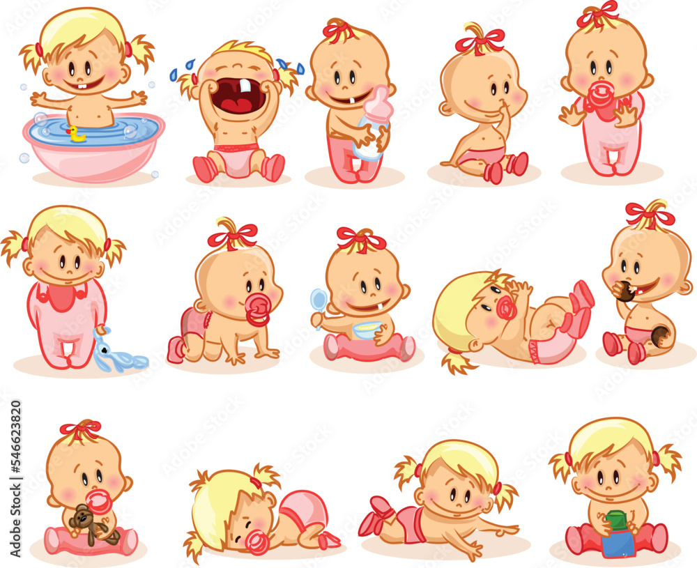 Set with cute little babies in different situations. Playing, sleeping, sitting, lying, crawling baby. Happy smiling newborn boy or girl. Set with cute little babies in different situations. Playing, sleeping, sitting, lying, crawling baby. Happy smiling newborn boy or girl.