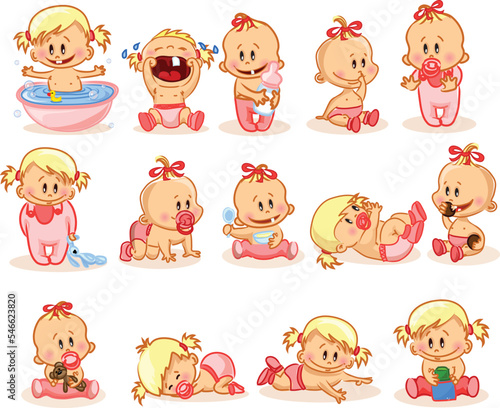 Set with cute little babies in different situations. Playing, sleeping, sitting, lying, crawling baby. Happy smiling newborn boy or girl.