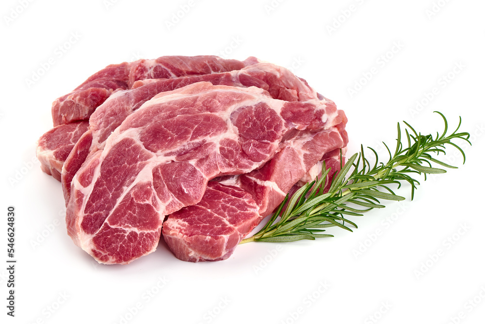 Pork shoulder steaks, isolated on white background.