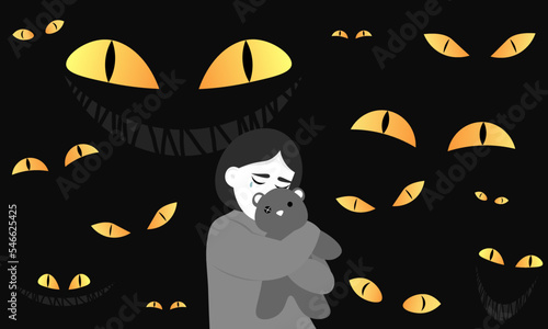 A little scared girl hugs a teddy bear. Fear of the dark. Children are afraid to sleep in the dark with the lights off. Childhood loneliness and a sense of helplessness. Monsters surrounded kid