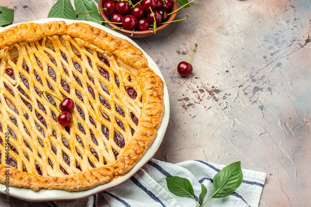 Homemade cherry pie, banner, menu, recipe place for text, top view Homemade cherry pie, banner, menu, recipe place for text, top view