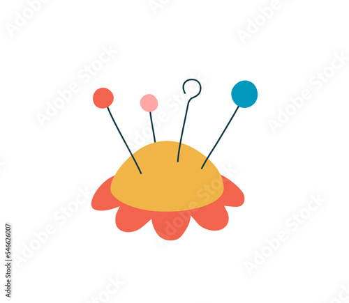 Needle cushion for sewing flat color vector object. Pincushion used to store pins and needles. Fashion design and cute flower shape illustration for web graphic design