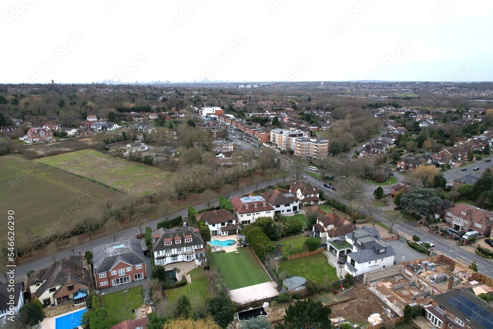 Chigwell Essex UK drone aerial view High street and residential roads