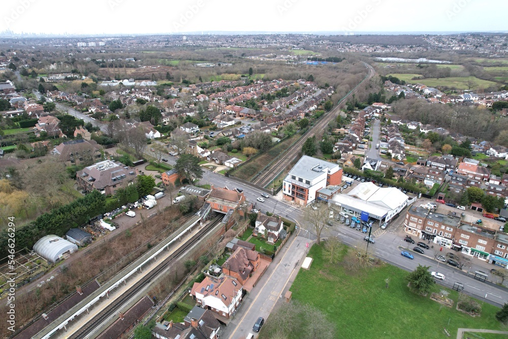 Chigwell Essex UK drone aerial view High street and residential roads