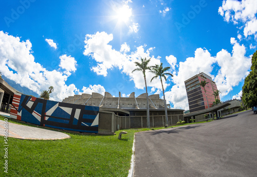 Exterior facade view of the Biblioteca Central Building  and Aula Magna auditorium in Universidad Central de Venezuela  UCV designed by Carlos Raul Villanueva. Caracas,   Abstract building view.