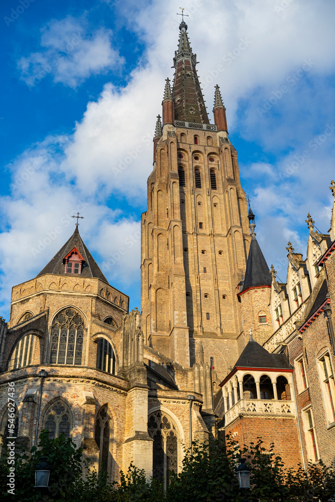 Fototapeta premium View of the tower and church of Our Lady in Bruges, Belgium. 
