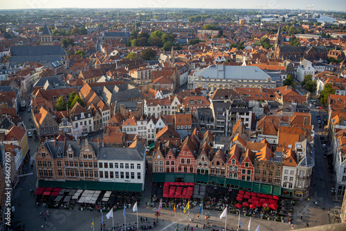 Bruges, Belgium; view of the city from the top on Belfort tower of Market Square in city center.