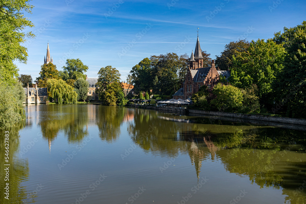 Bruges, Belgium: view of Minnewater lake in historic city center