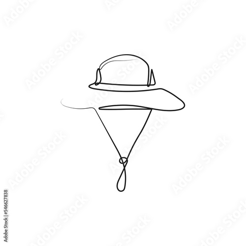 Adventure tourist hat in one continuous line drawing style. Headwear logotype concept. Hand drawn vector illustration.